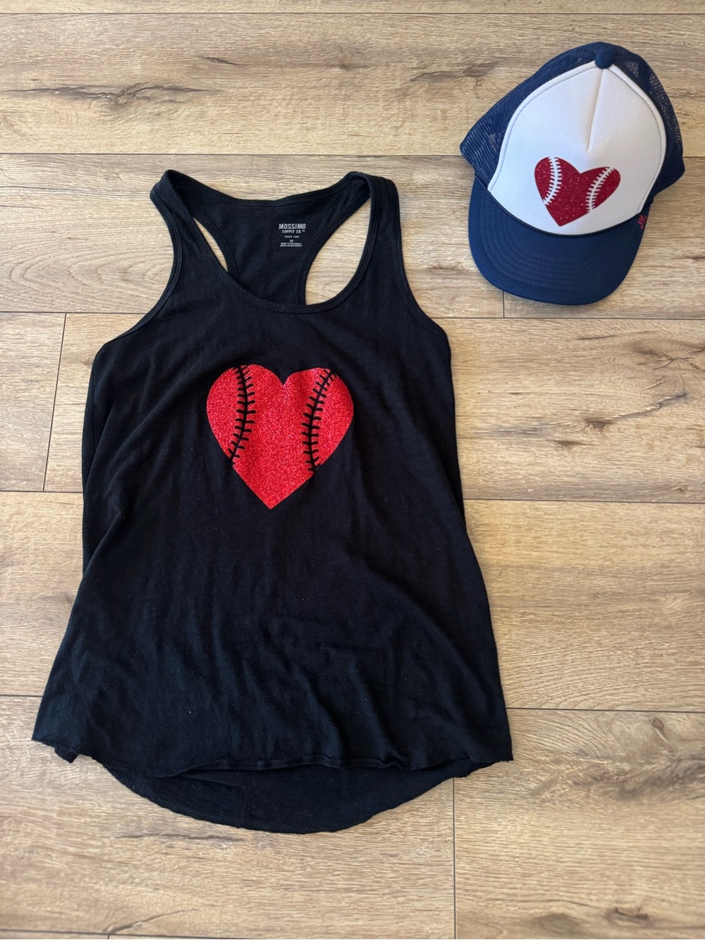 Black Racerback Tank with Red Baseball/softball Heart and trucker hat